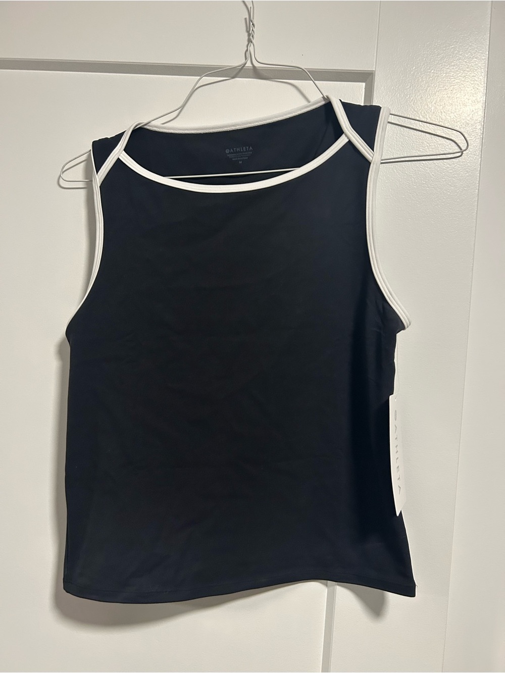 Athleta Black Tank with White Piping and cutout detail in back